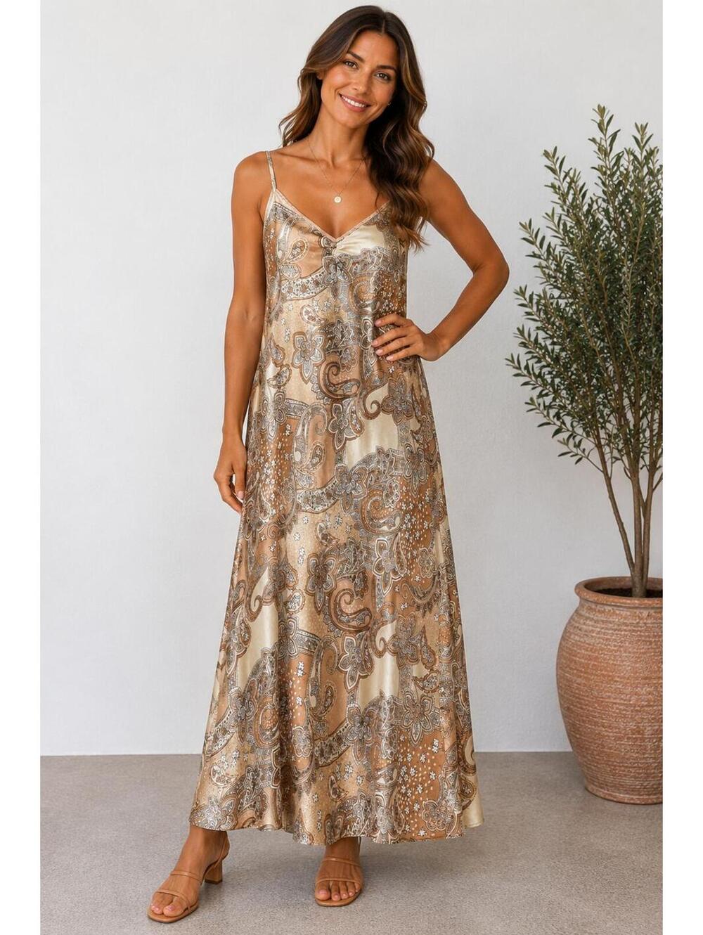 Jones New York Women’s Medium Satin Paisley Slip Dress Champagne Beige Midi